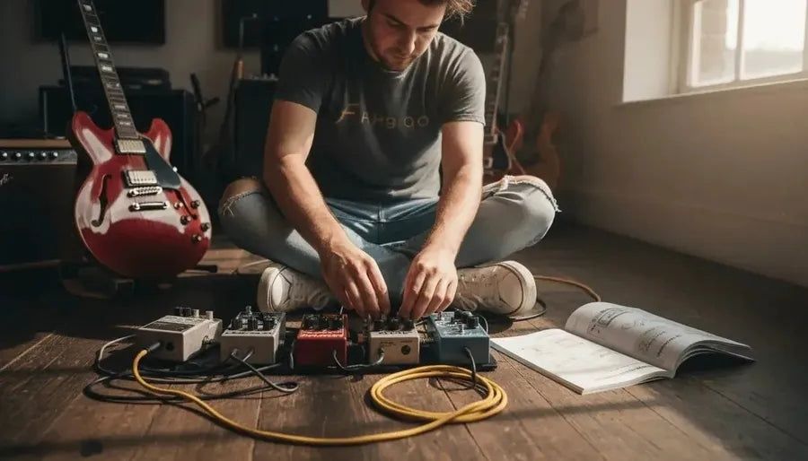 Gitarist justerer flere effektpedaler foran en elektrisk gitar
